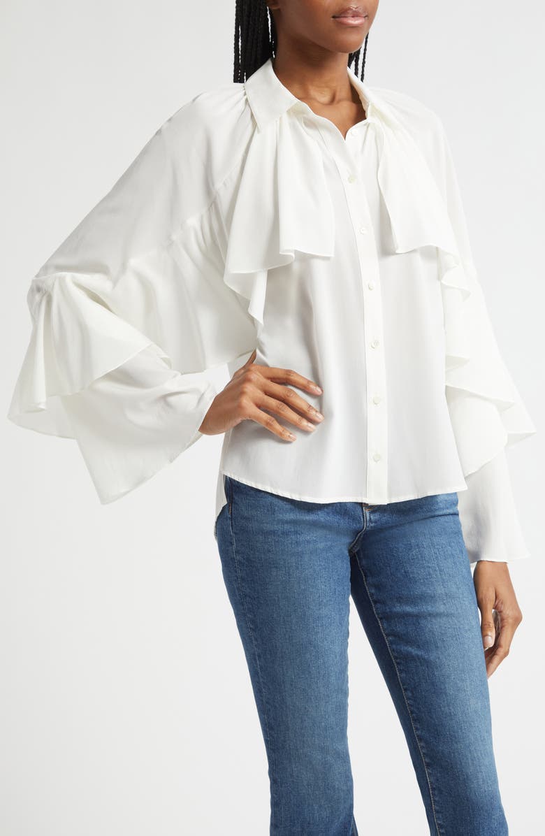 Veronica Beard Demaris Ruffle Stretch Silk Button-Up Shirt, Alternate, color, Dove