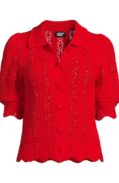 Lands' End Lace Pointelle Puff Sleeve Cardigan Sweater In Red