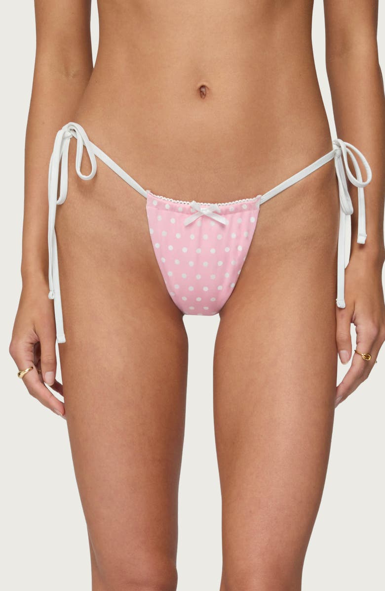 EDIKTED Leigh Polka Dot String Bikini Bottoms, Main, color, Pink-And-White