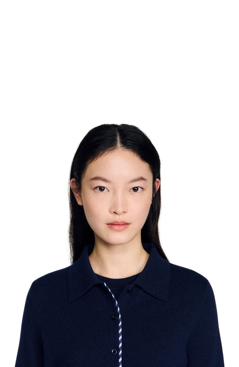 SANDRO Striped wool-cashmere cardigan, Alternate, color, Navy Blue