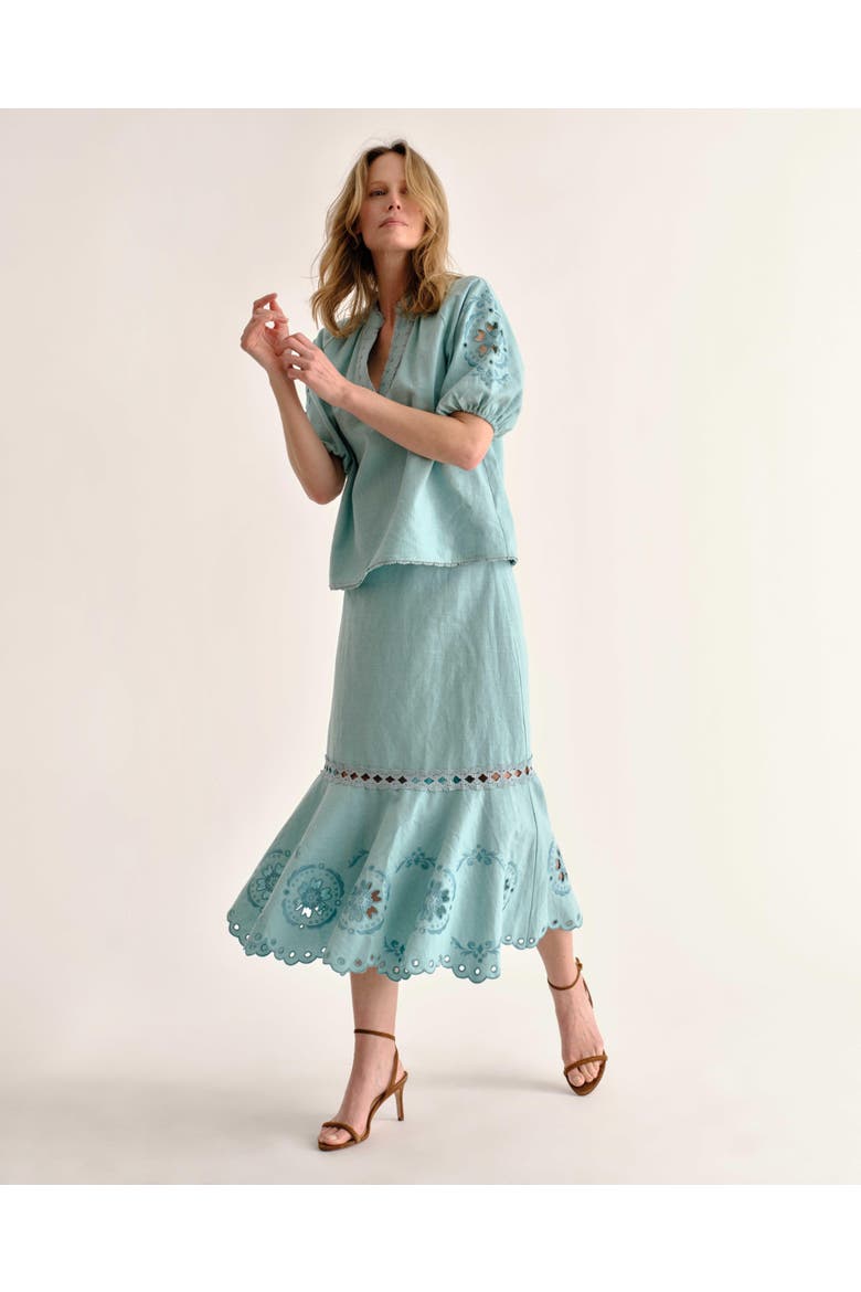 Marlo Embroidered Linen Midi Skirt, Alternate, color, Canal Blue