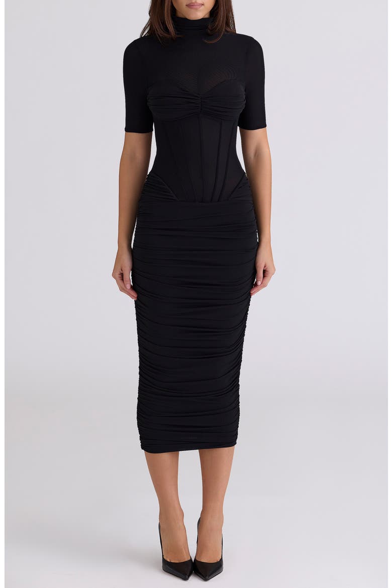 Sorrel Corset Stretch Mesh Midi Dress, Main, color, BLACK