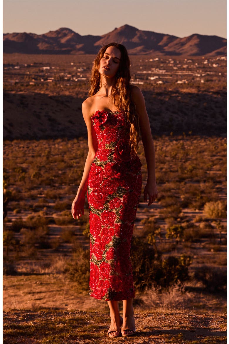 Victoria Sequin Floral Strapless Dress, Alternate, color, ROSE RED
