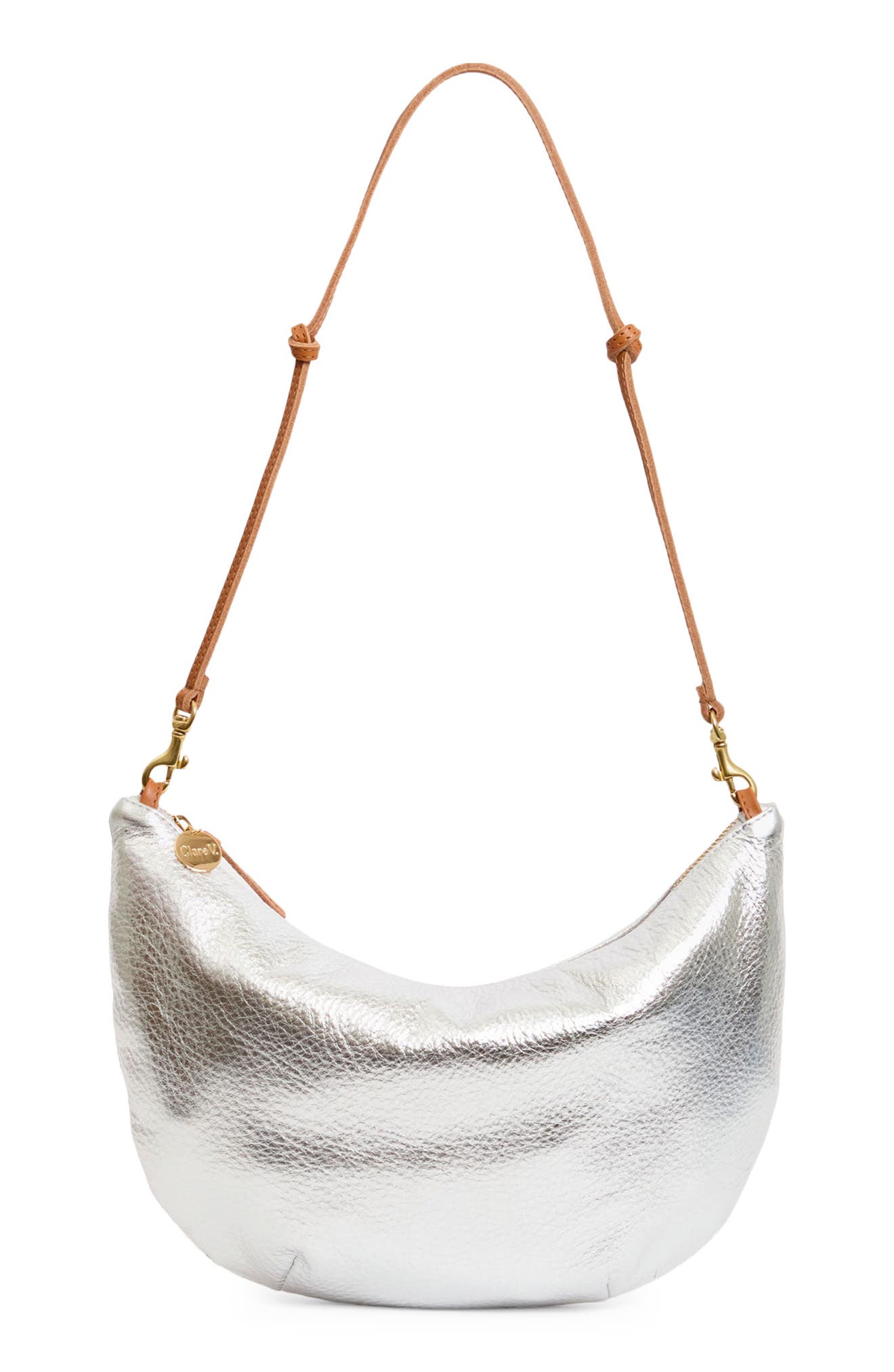 Clare V. Lune Metallic Leather Shoulder Bag, Main, color, Silver