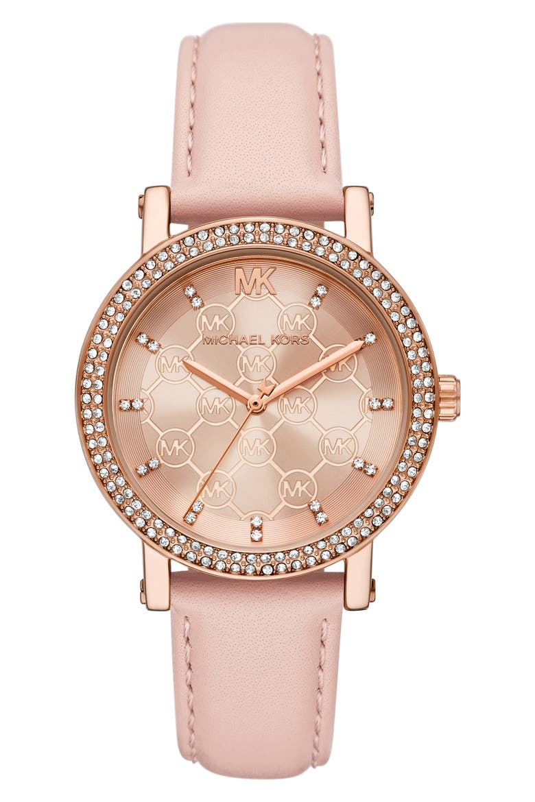 Corey Crystal Pavé Three-Hand Quartz Leather Strap Watch, 38mm, Main, color, ROSE GOLD
