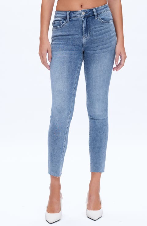 Raw Hem Mid Rise Ankle Skinny Jeans (Sky Blue)