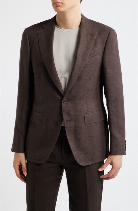 Capri Trim Fit Brown Check Jacquard Linen & Wool Sport Coat (Regular & Long)