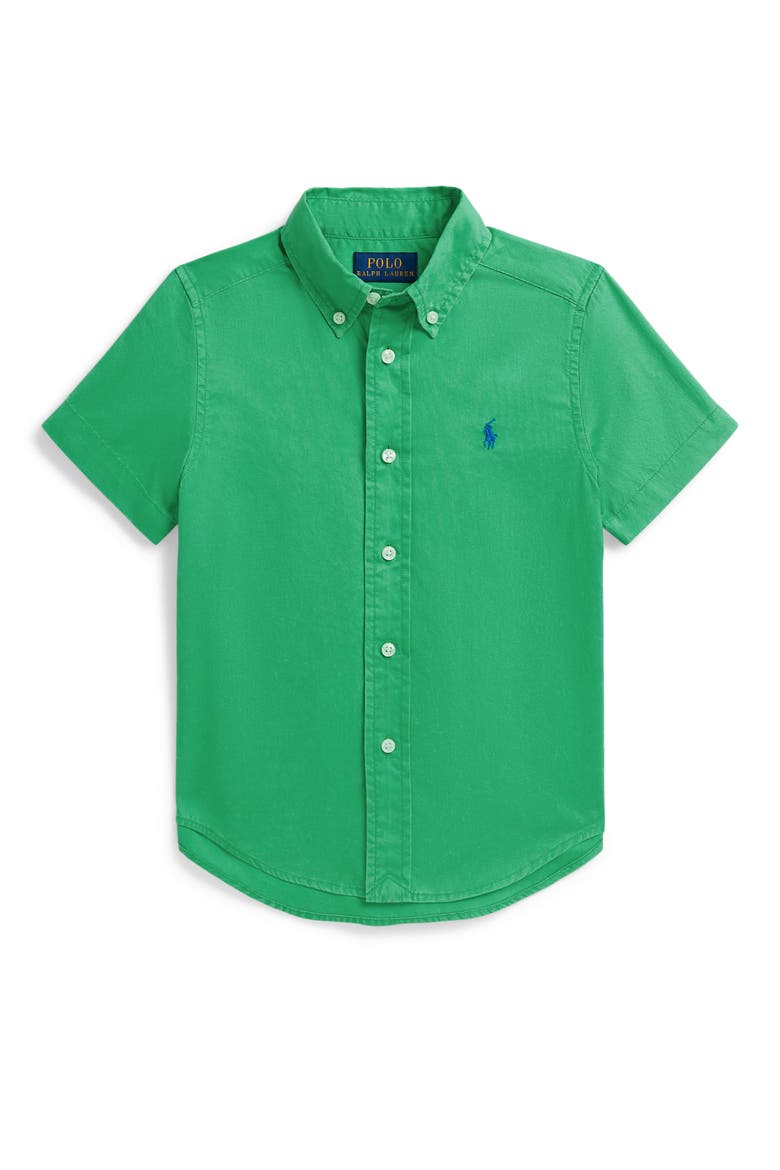 Kids' Featherweight Short Sleeve Cotton Twill Button-Down Shirt, Main, color, SUMMER EMERALD