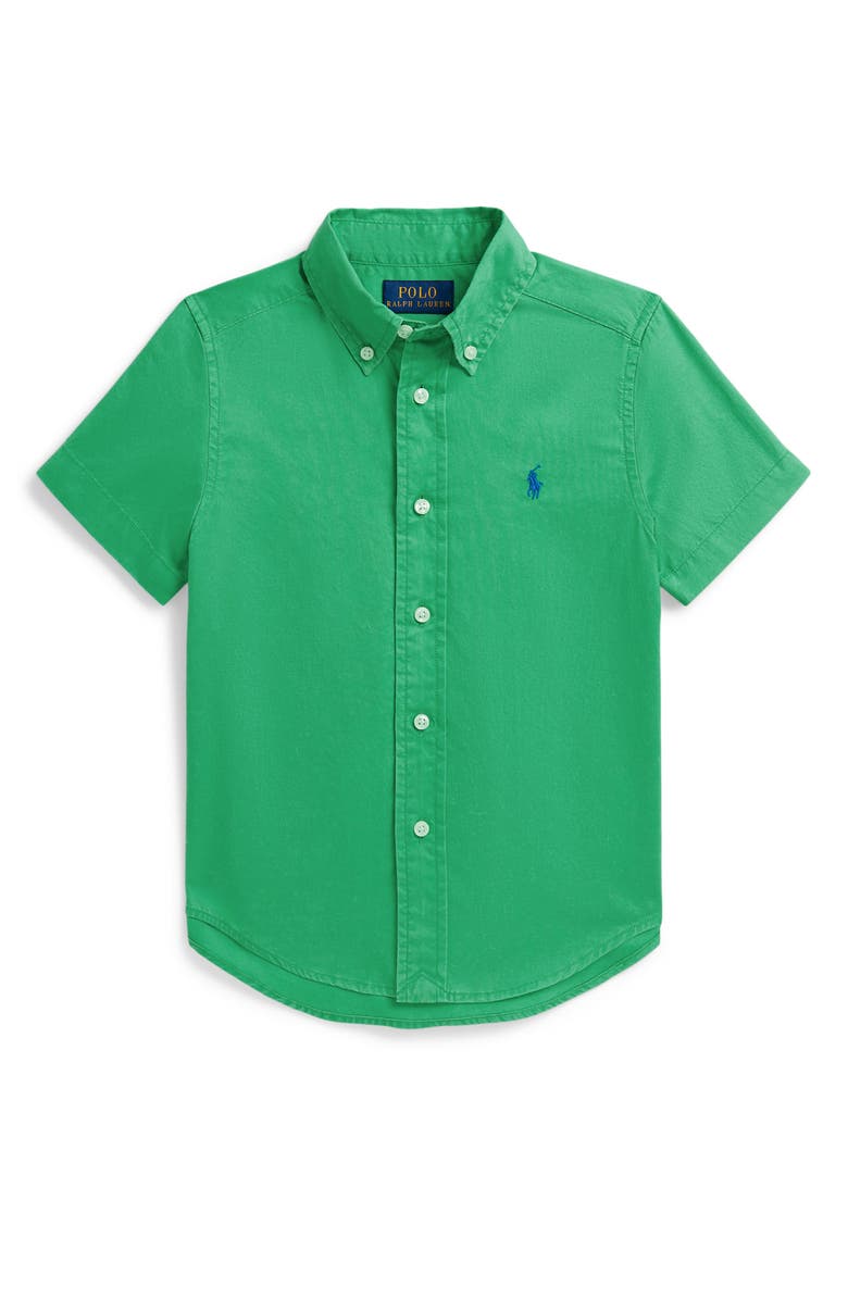 Polo Ralph Lauren Kids' Featherweight Short Sleeve Cotton Twill Button-Down Shirt, Main, color, Summer Emerald