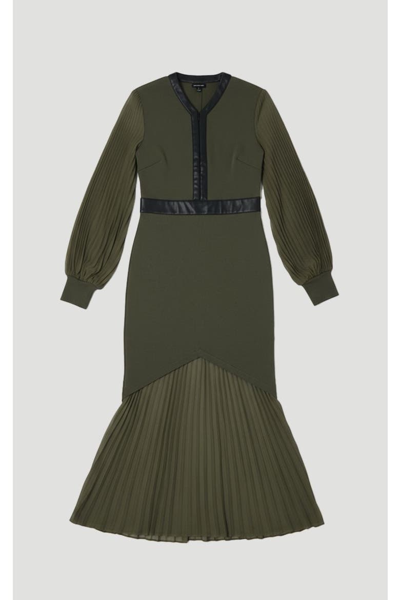Pu Trim Woven Sleeved Pleated Dress, Alternate, color, Olive