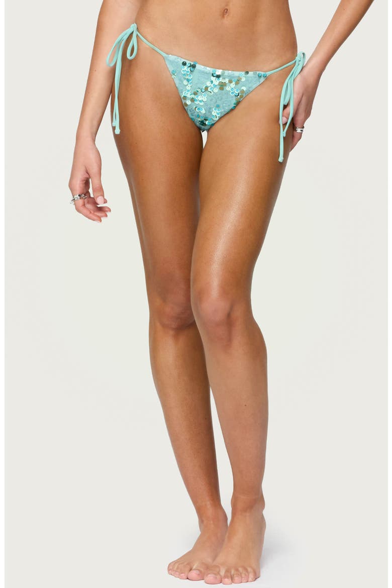 Mirabella Sequin String Bikini Bottoms, Alternate, color, TURQUOISE