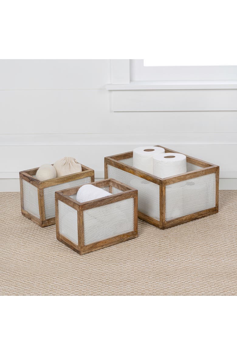 Fallon Modern Minimalist Handmade Wooden Metal Nesting Storage Baskets, Alternate, color, White/Natural