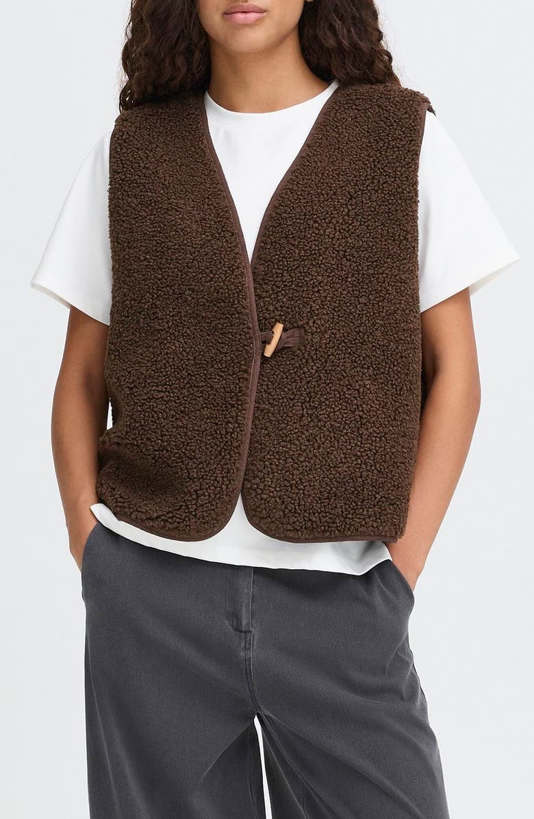 ICHI Faux Shearling Vest, Main, color, Coffee Bean