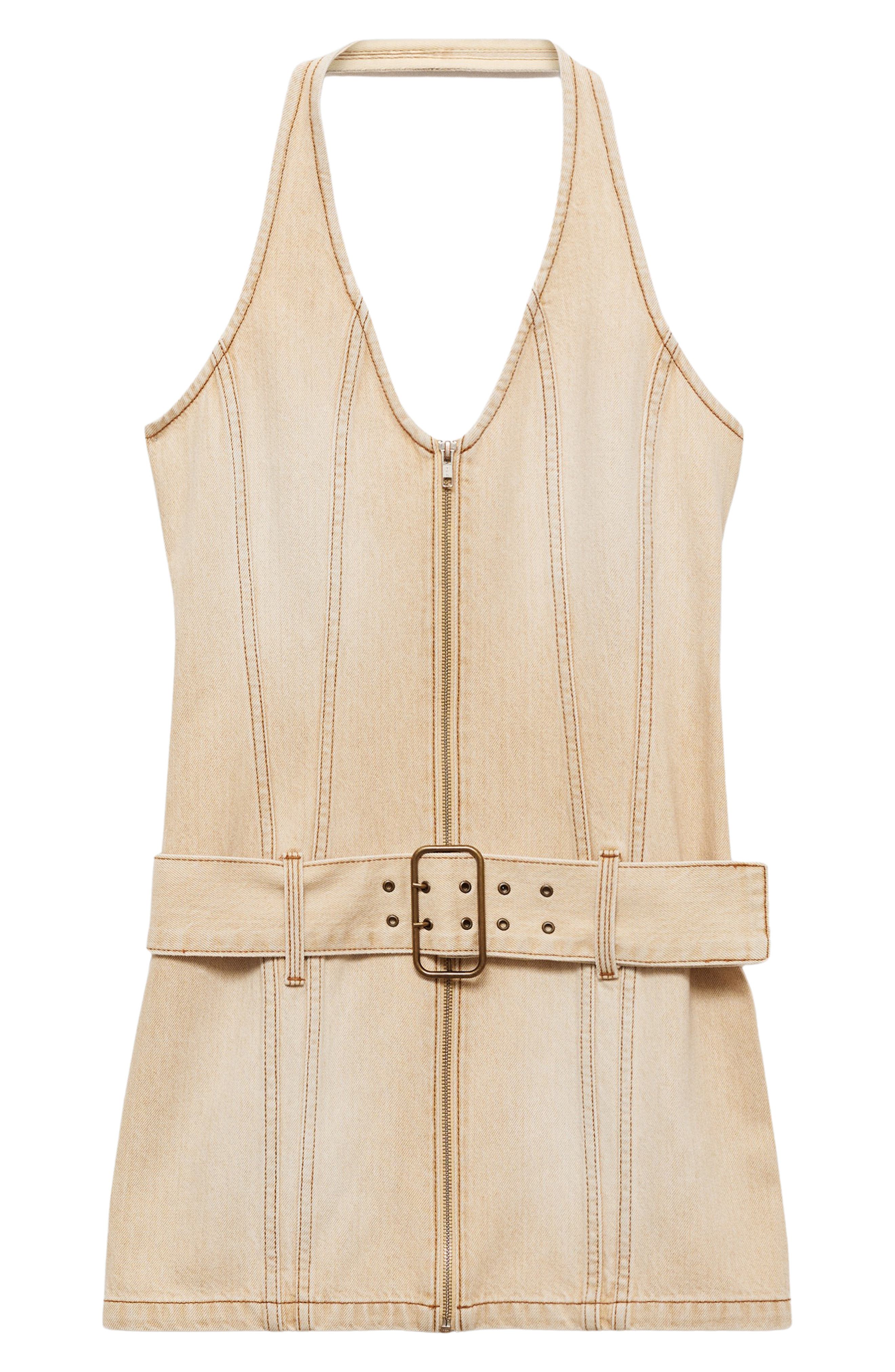 MANGO Belted Halter Denim Minidress