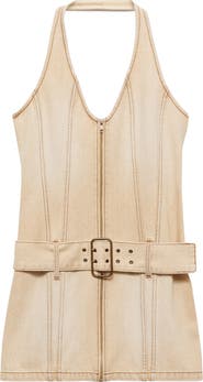 MANGO Belted Halter Denim Minidress