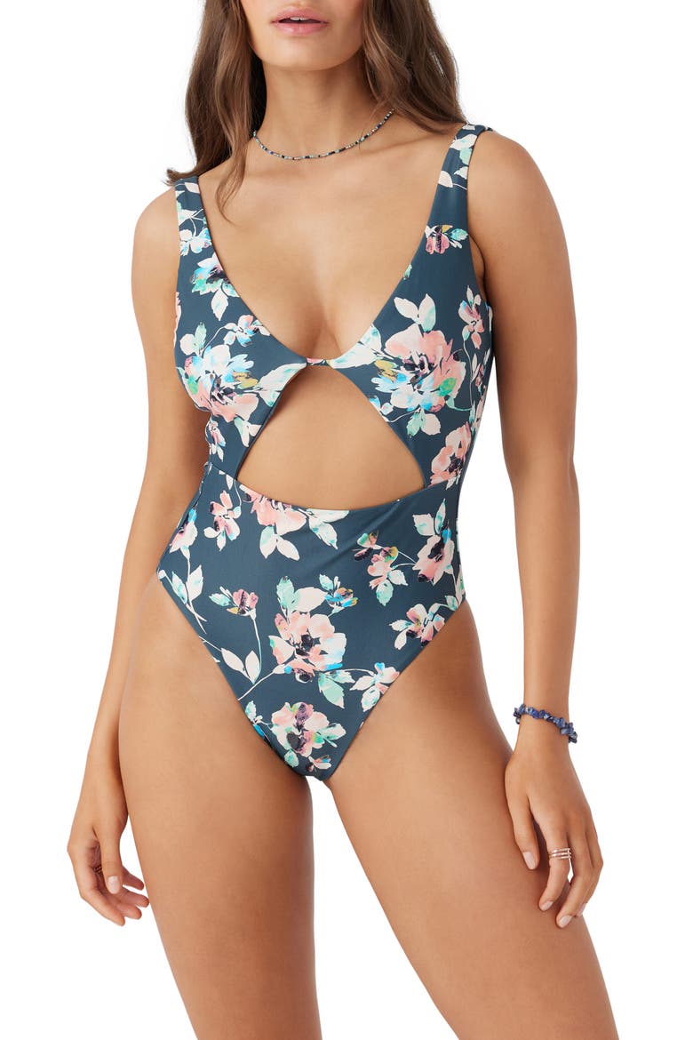 Melody Morro Bay Floral Cutout One-Piece Swimsuit, Main, color, SLATE