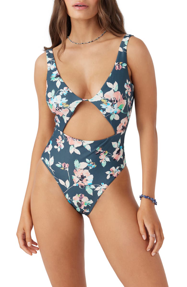O'Neill Melody Morro Bay Floral Cutout One-Piece Swimsuit, Main, color, Slate