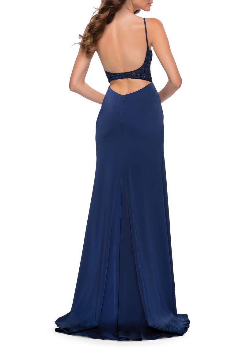 Satin Dress with Sheer Lace Bodice and Slit, Alternate, color, Navy