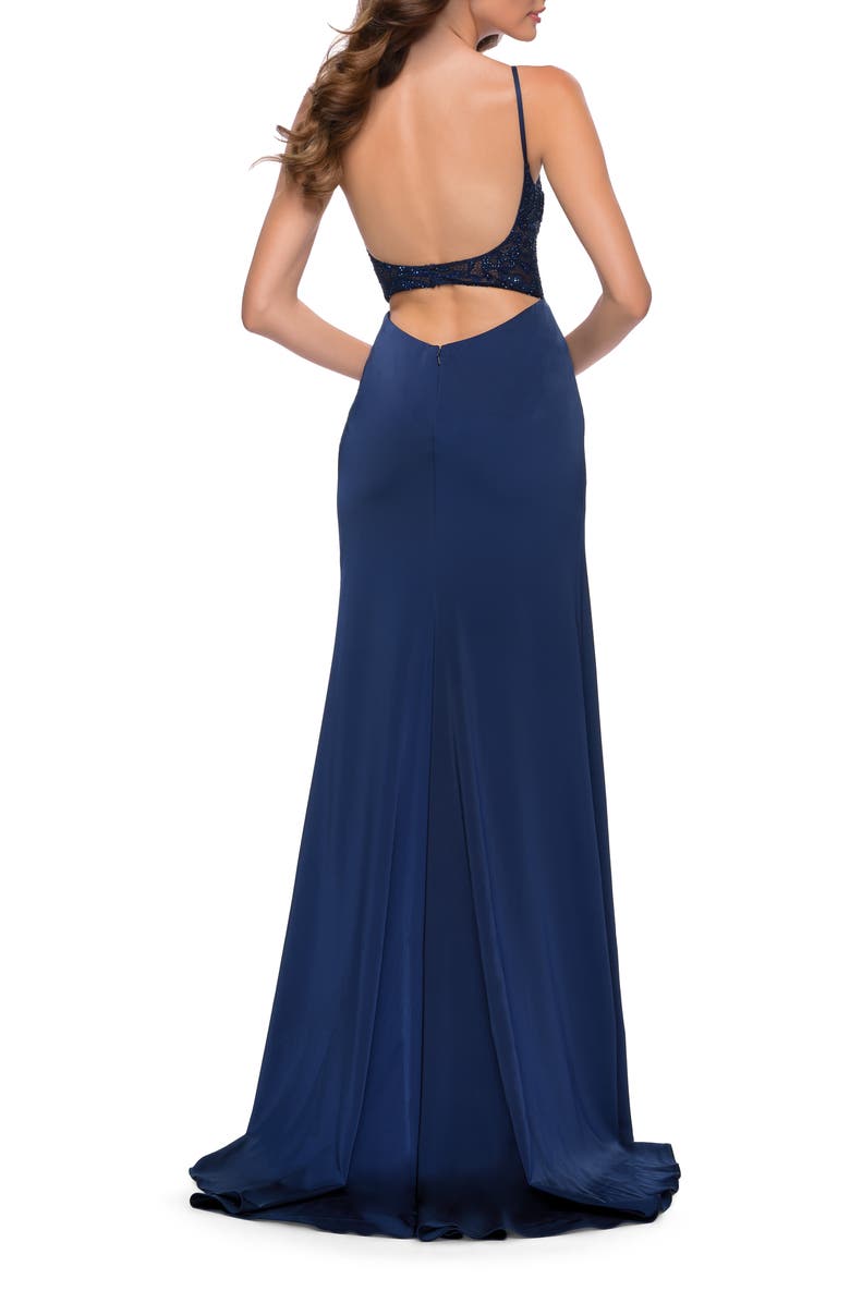 La Femme Satin Dress with Sheer Lace Bodice and Slit, Alternate, color, Navy