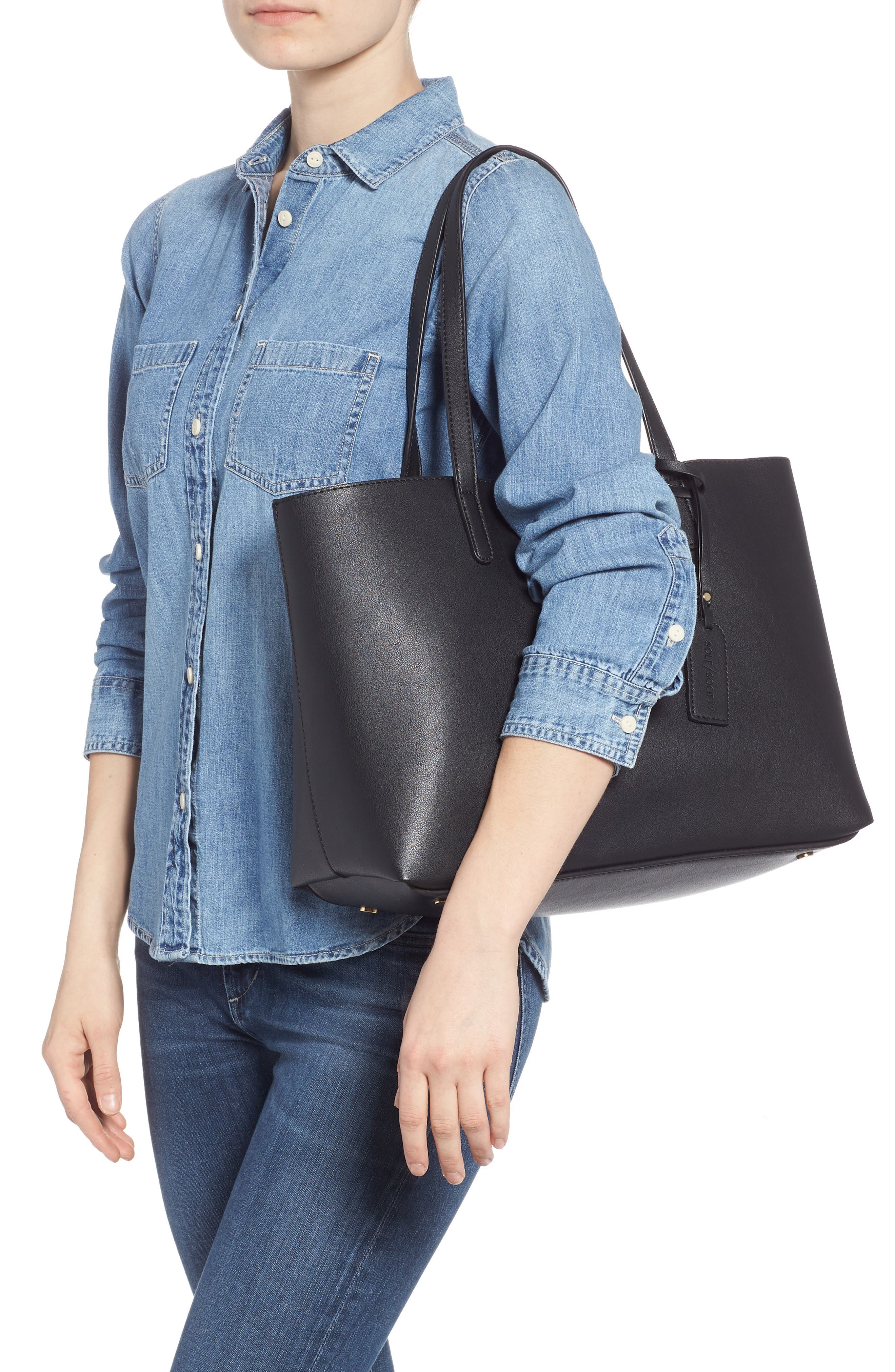 Zeda Faux Leather Tote, Alternate, color, BLACK