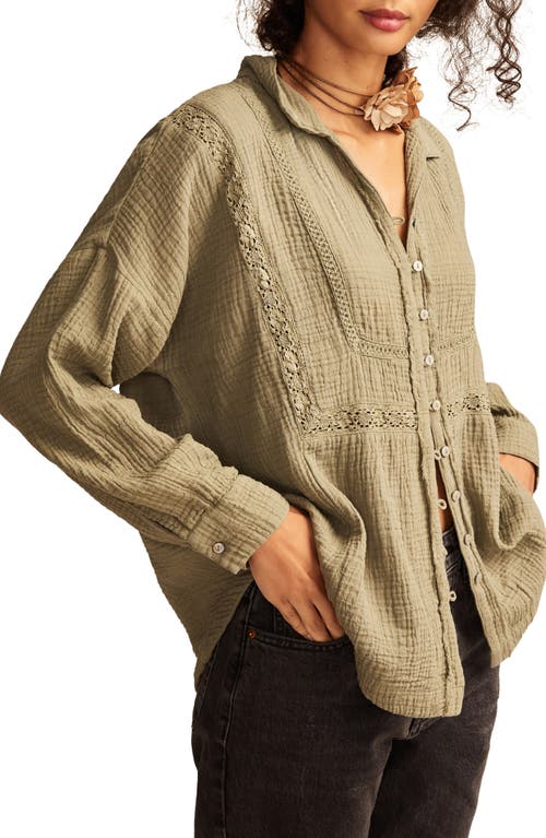 Lucky Brand Lace Inset Cotton Gauze Button-up Shirt In Green