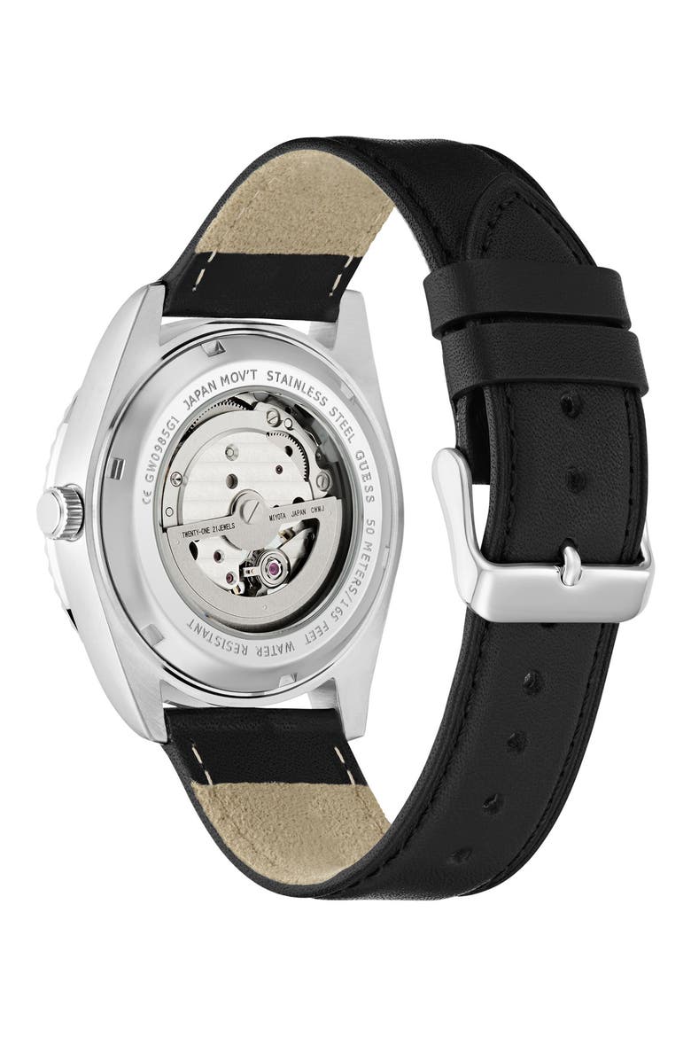 Open Heart Automatic Leather Strap Watch, 42mm, Alternate, color, BLACK/ SILVER