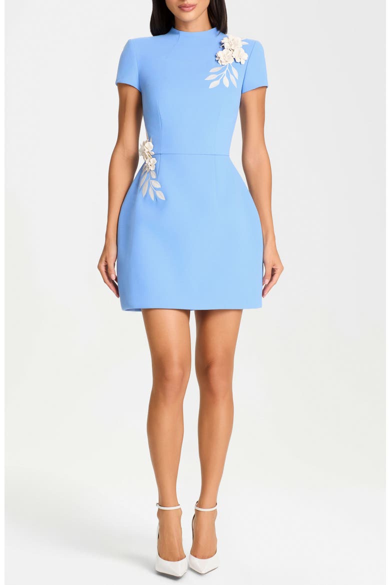 Natalia Floral Appliqué Crepe Cocktail Minidress, Main, color, BLUE