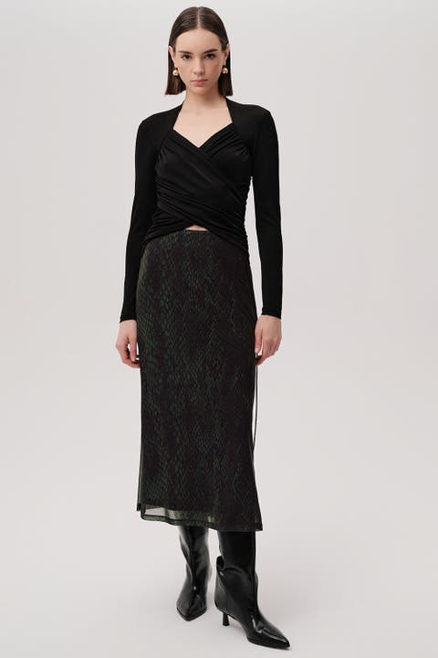 Snake Print Tulle Midi Skirt