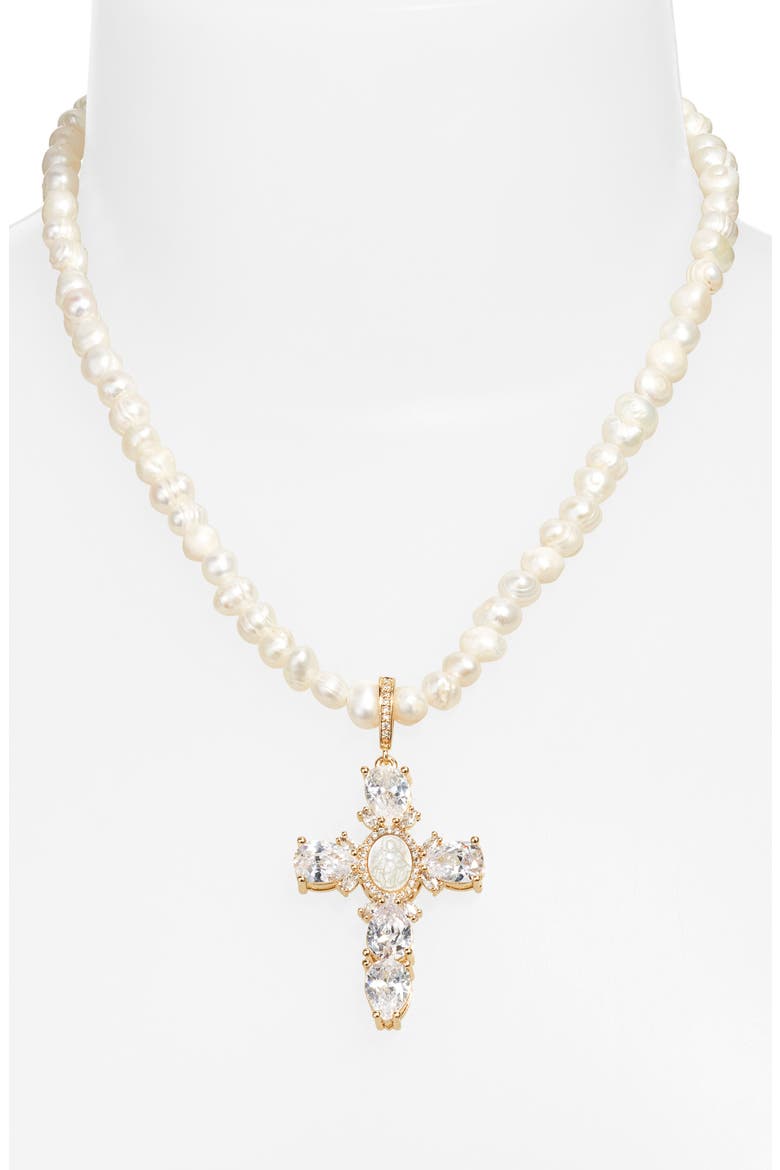 Virgin Mary Cross Pearl Necklace, Alternate, color, GOLD