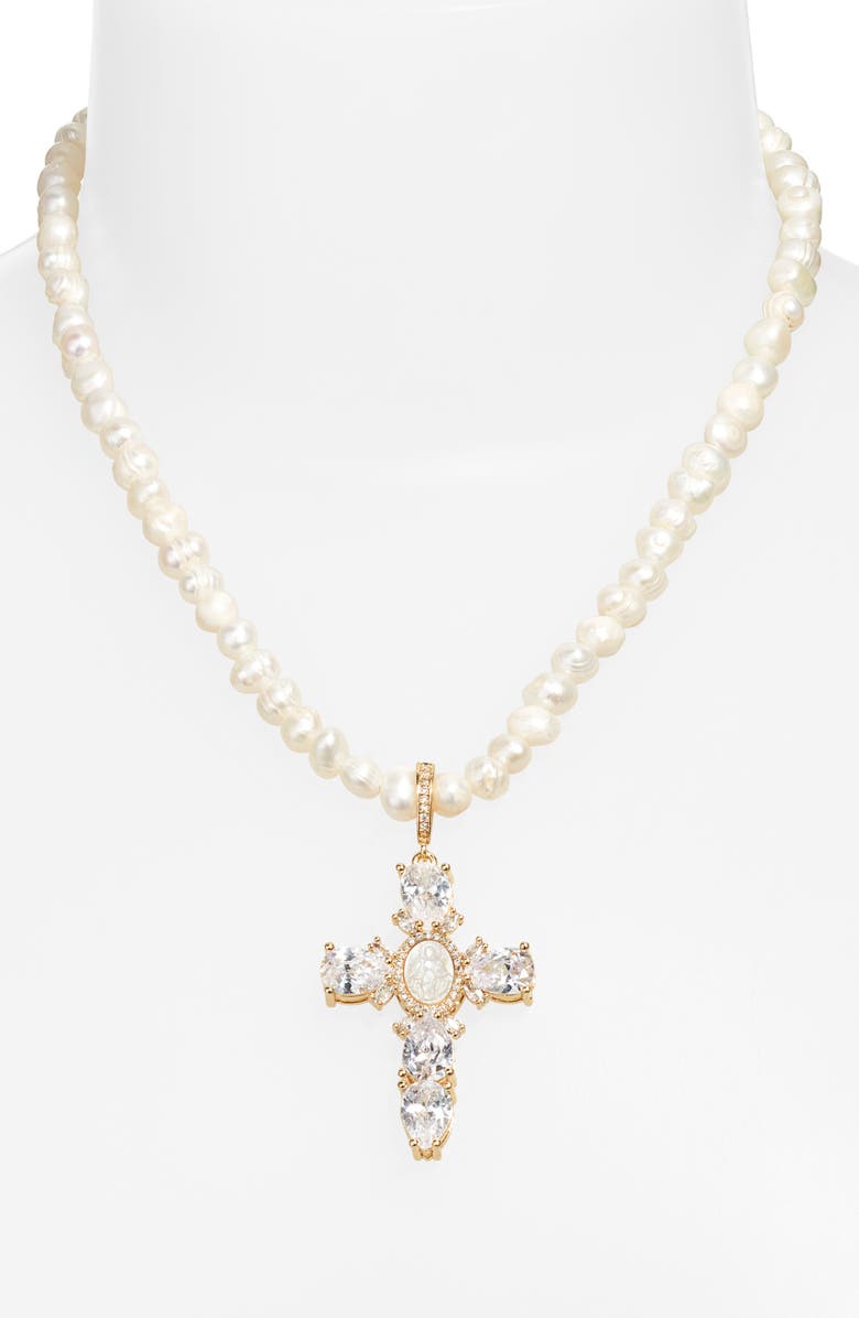 VIDAKUSH Virgin Mary Cross Pearl Necklace, Alternate, color, Gold