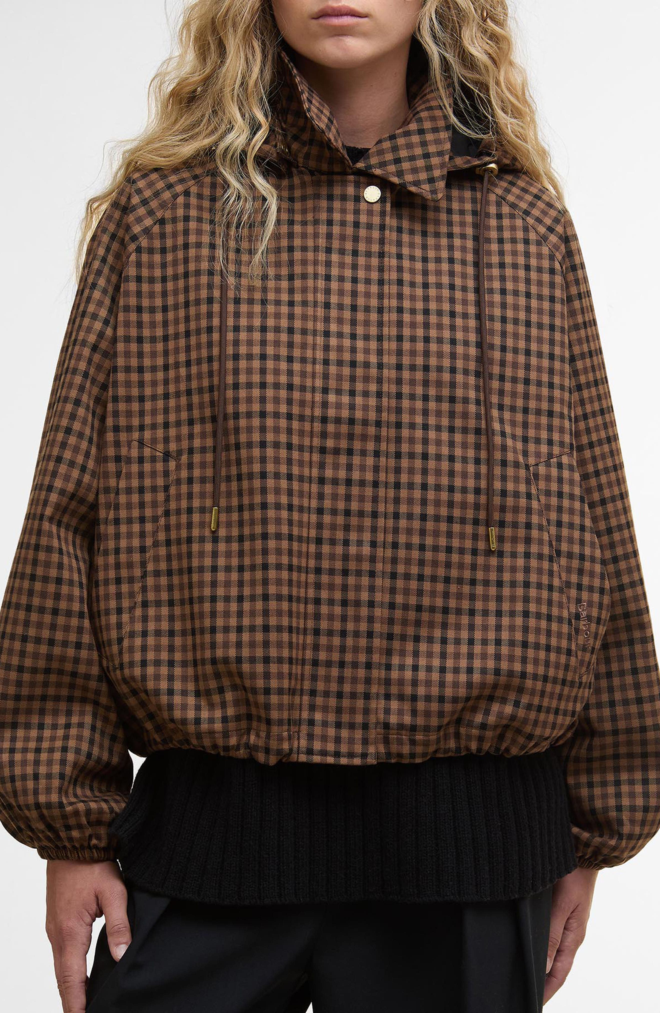 Barbour Audrey Check Showerproof Hooded Bomber Jacket (Women