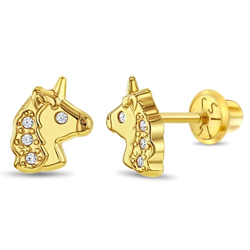 In Season Jewelry 14k Glimmering Clear Cubic Zirconia Unicorn Earrings In Gold