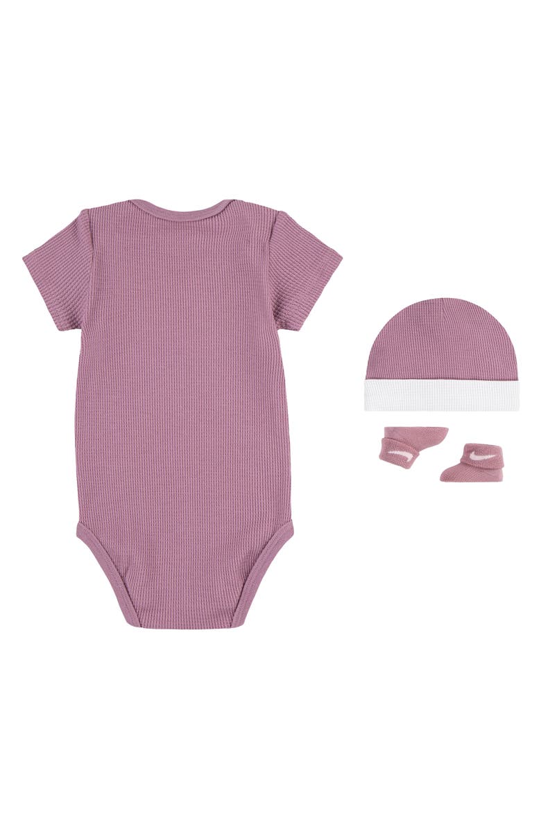 Nike Waffle Knit Bodysuit, Hat & Booties Boxes Set, Alternate, color, Plum Dust