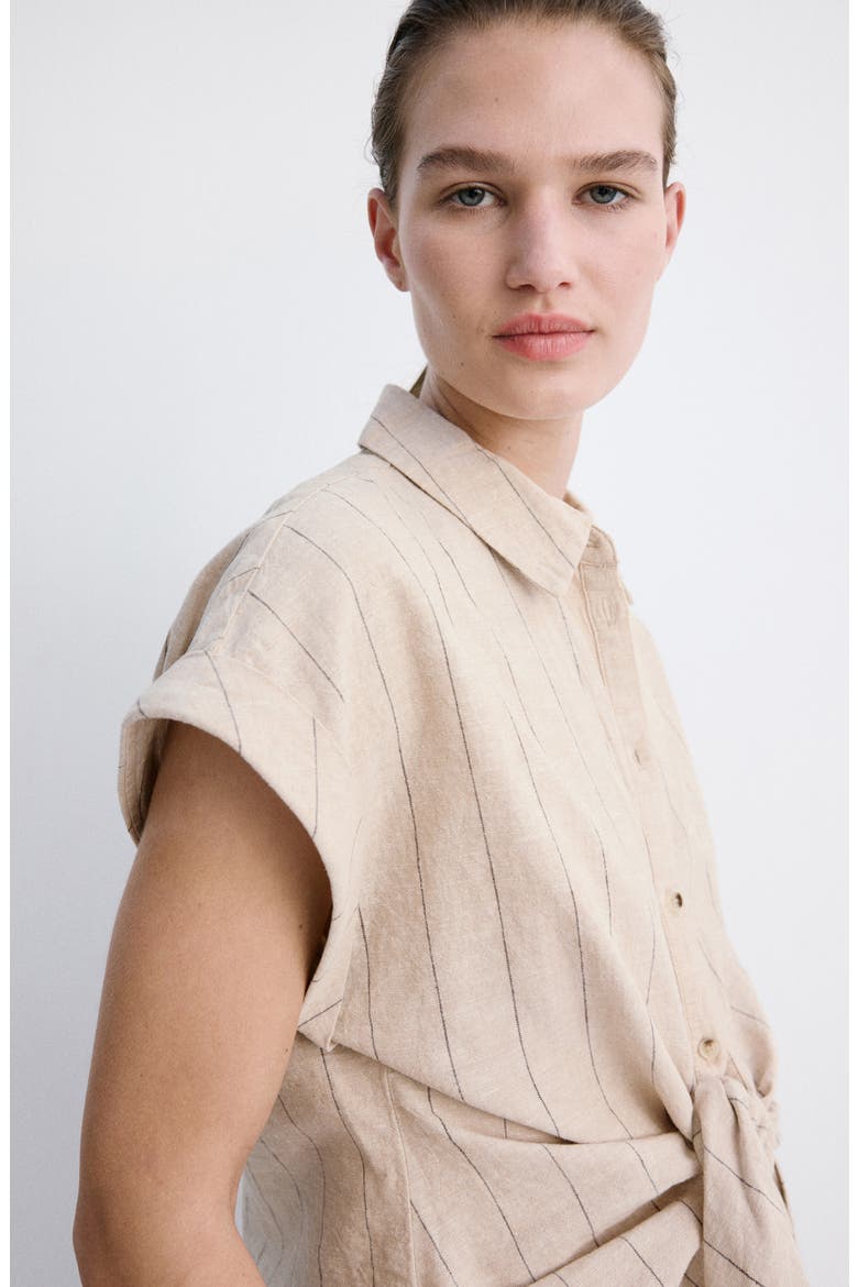 Pinstripe Tie Waist Linen & Cotton Shirt, Alternate, color, BROWN