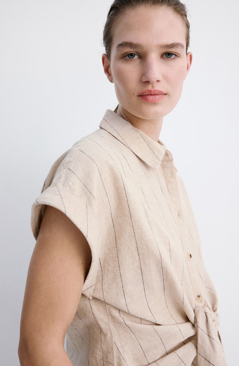 MANGO Pinstripe Tie Waist Linen & Cotton Shirt, Alternate, color,
