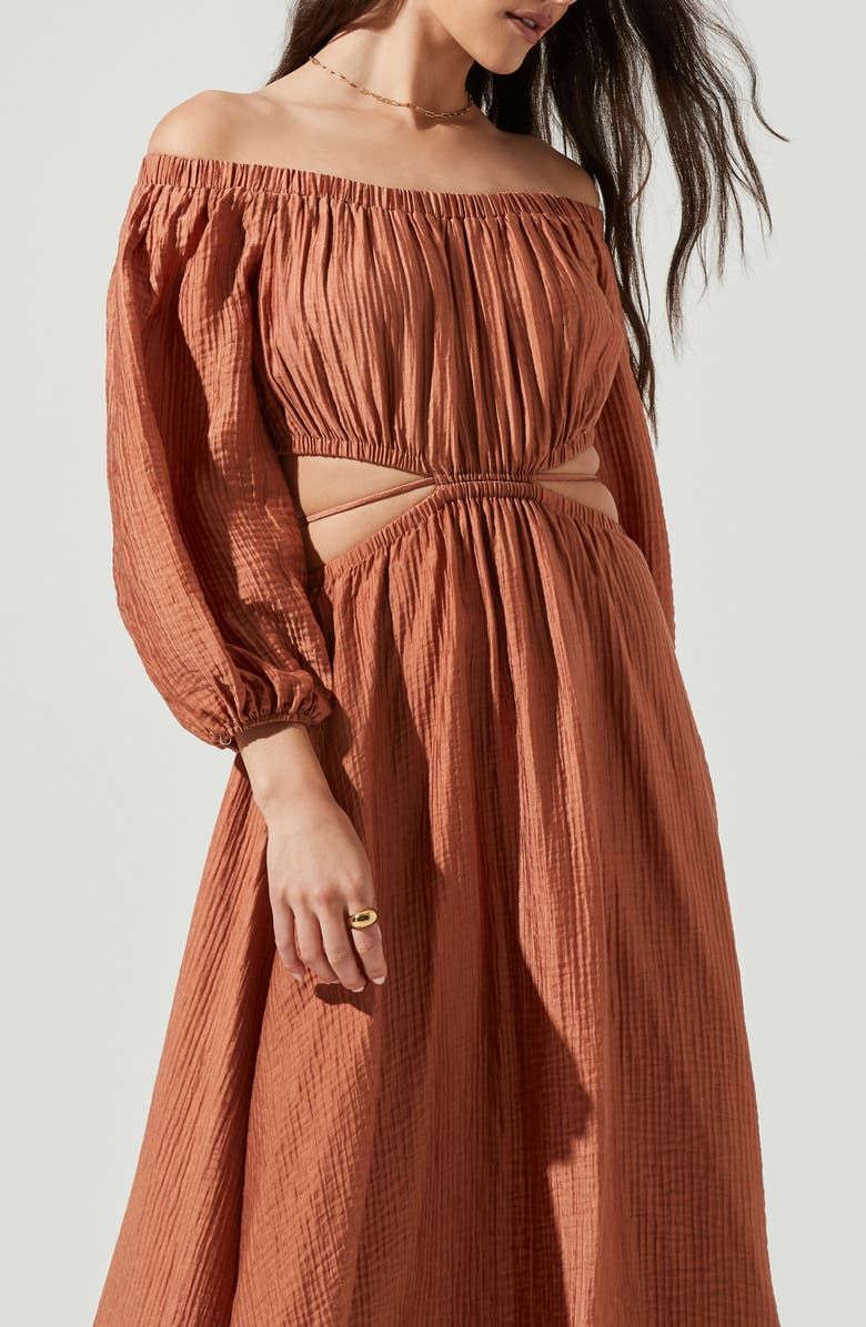 ASTR the Label Cassian Off the Shoulder Long Sleeve Midi Dress, Alternate, color, Warm Brown