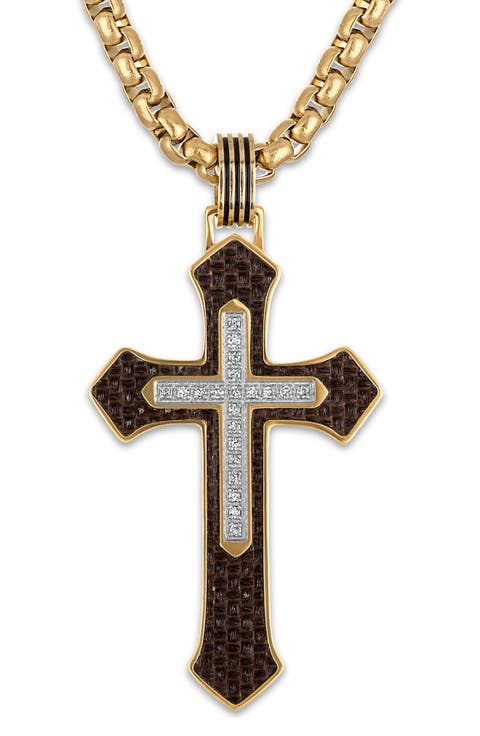 Men's Stainless Steel Carbon Fiber & Diamond Cross Pendant Necklace
