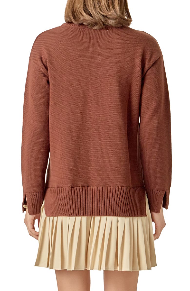 English Factory Mixed Media Long Sleeve Pleated Minidress, Alternate, color, Chocolate Brown/ Tan