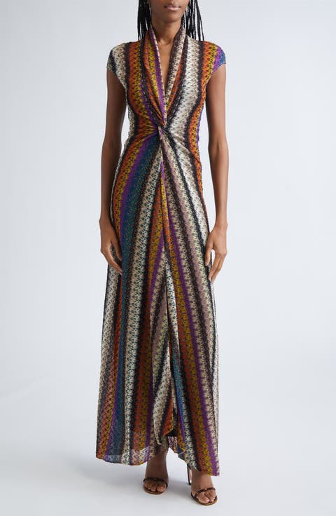 Stripe Twist Front Raschel Mesh Maxi Dress