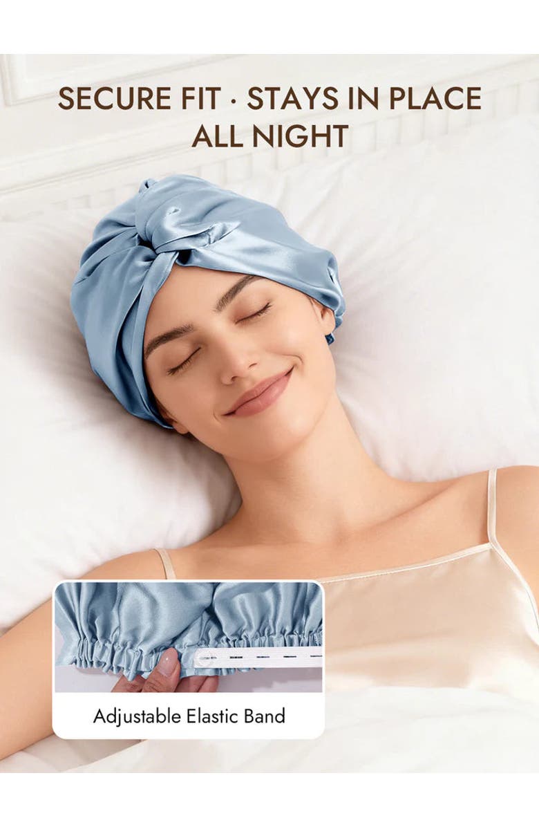 SILKSILKY 22Momme Pure Silk Knot Front Hair Bonnet with Adjustable Button Design, Alternate, color, Steelblue