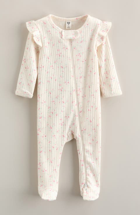 Ruffle Cotton Blend Rib Footie