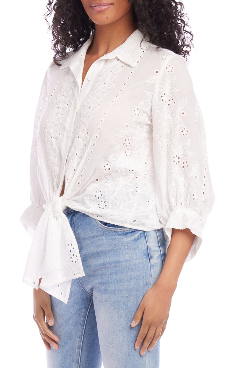 Karen Kane Embroidered Eyelet Tie Front Cotton Shirt, Alternate, color,