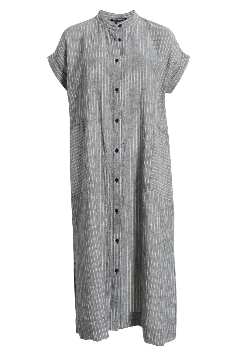 Pinstripe Short Sleeve Organic Linen Shift Dress, Alternate, color, BLKWH