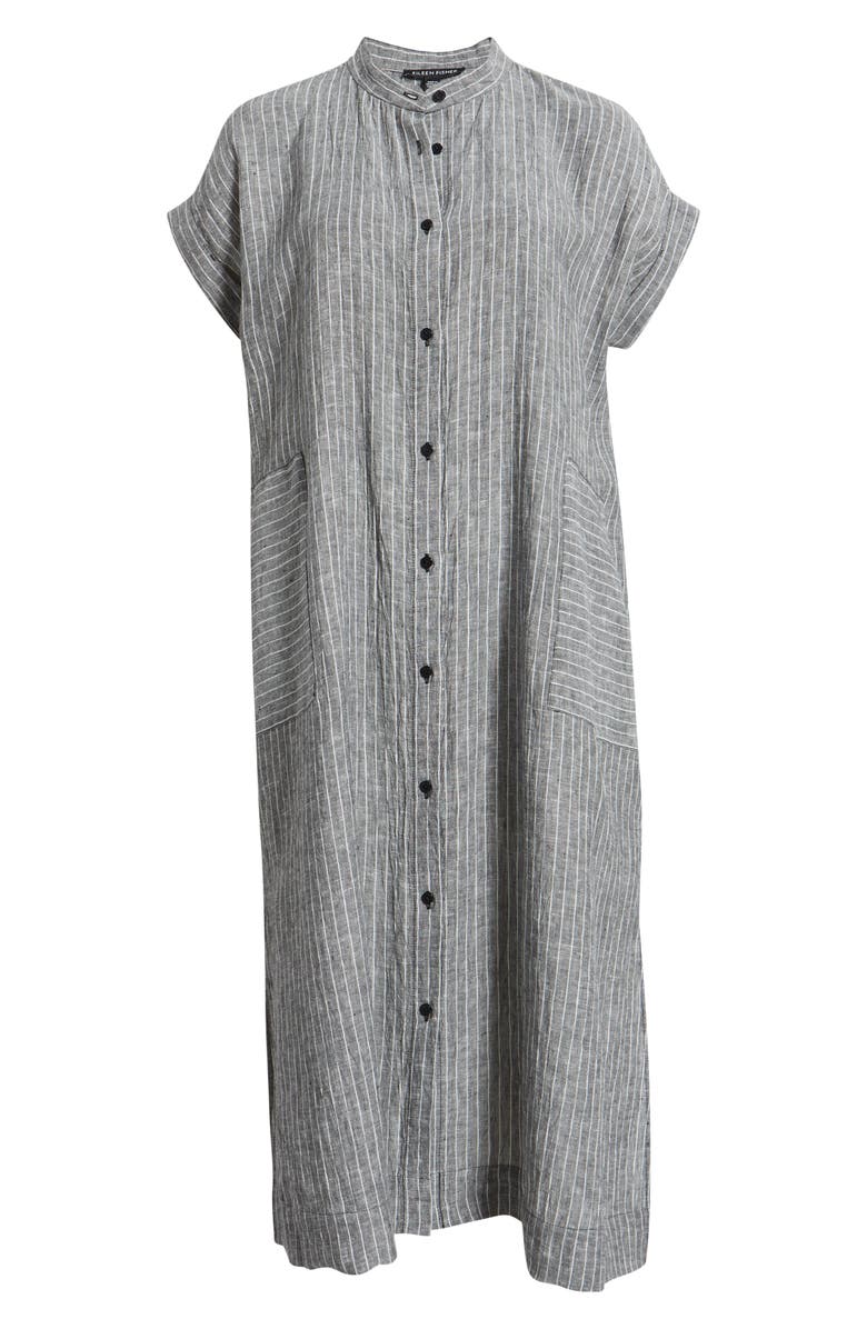 Eileen Fisher Pinstripe Short Sleeve Organic Linen Shift Dress, Alternate, color, Faded Black/ White