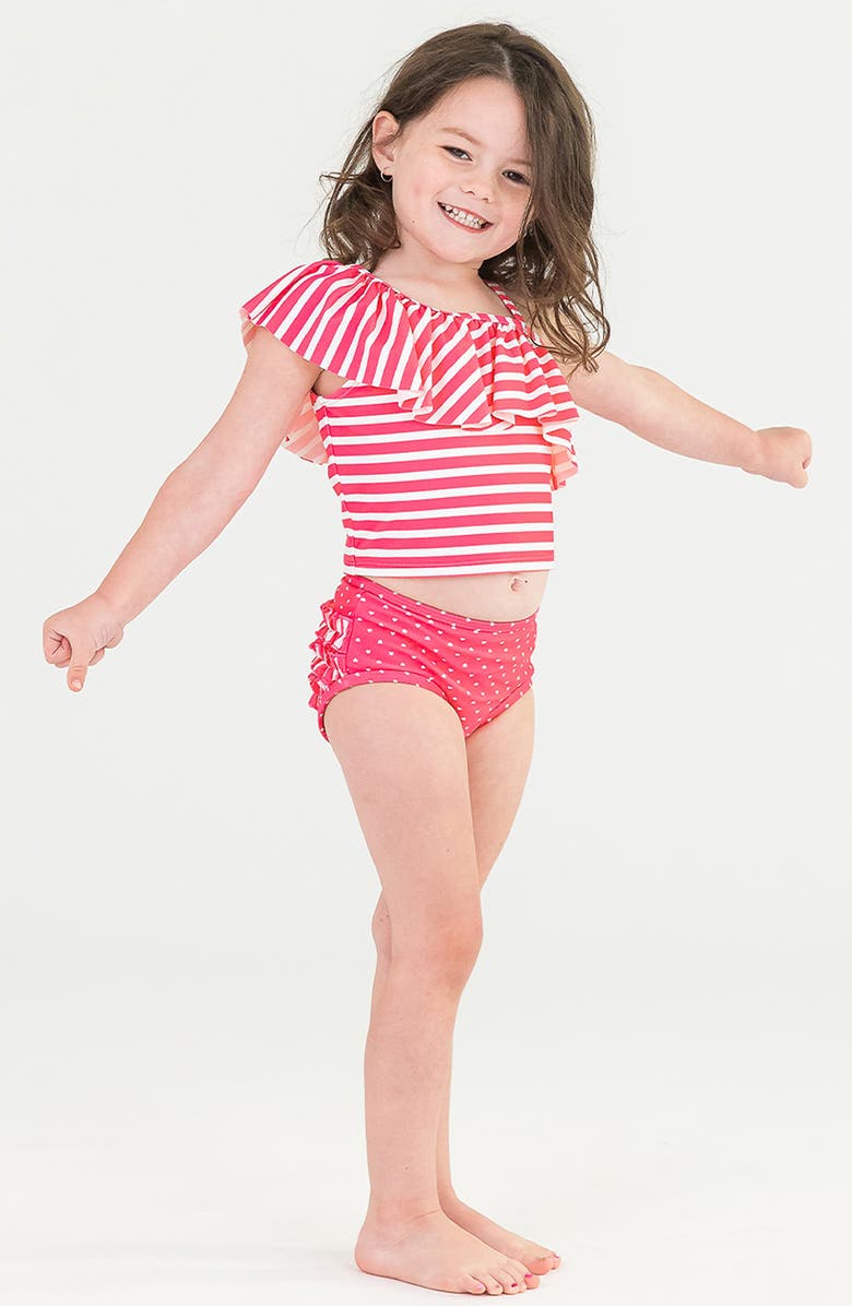 RuffleButts Kids' Hot Pink Heart Ruffle One-Shoulder Two-Piece Swimsuit, Alternate, color, Pink