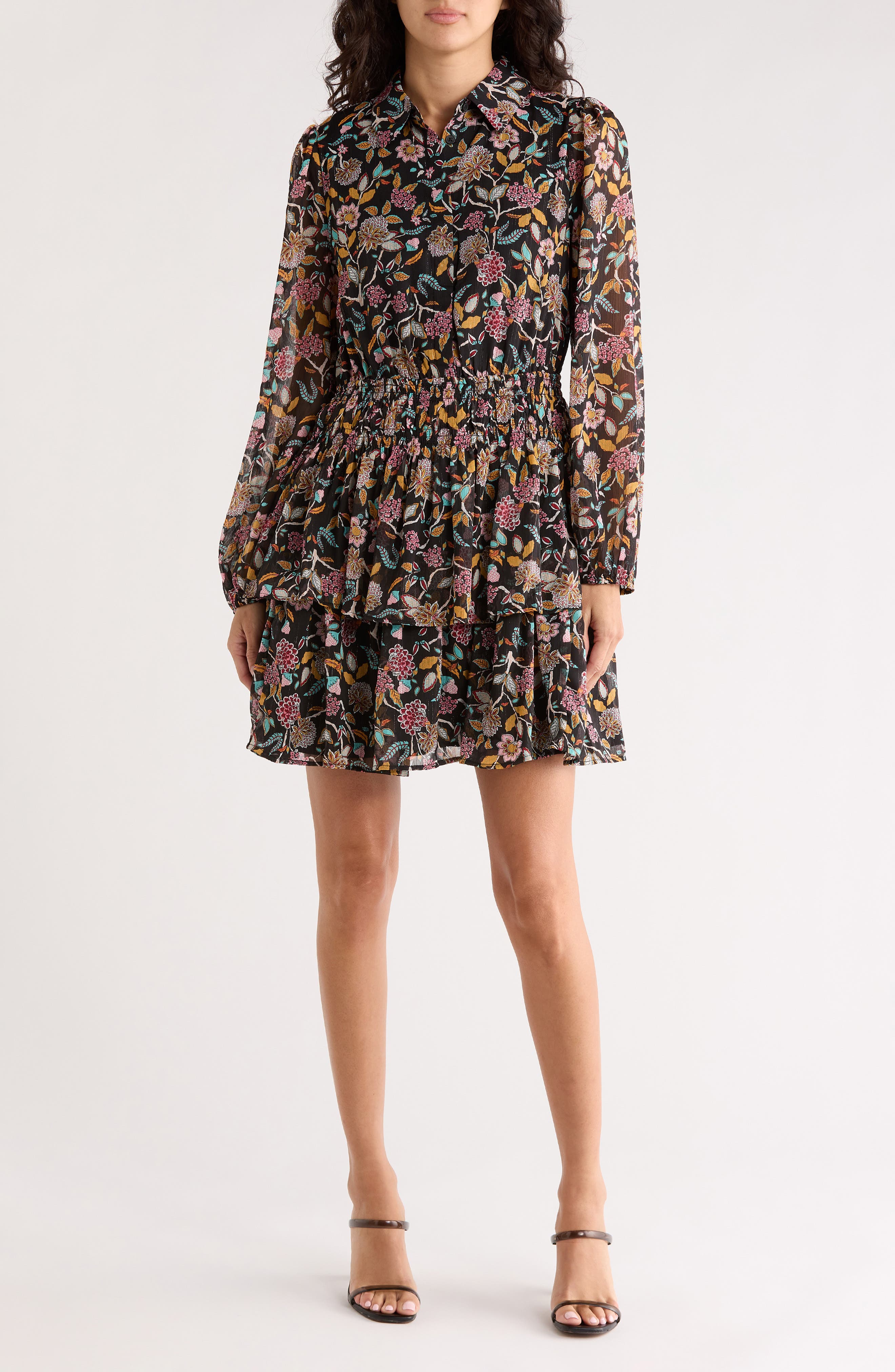 Desigual Floral Long Sleeve Smocked Waist Shirtdress