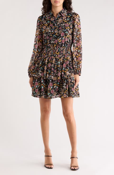 Floral Long Sleeve Smocked Waist Shirtdress