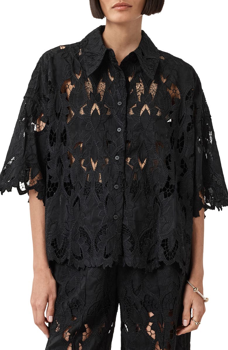 AllSaints Charli Embroidered Button-Up Shirt, Main, color,