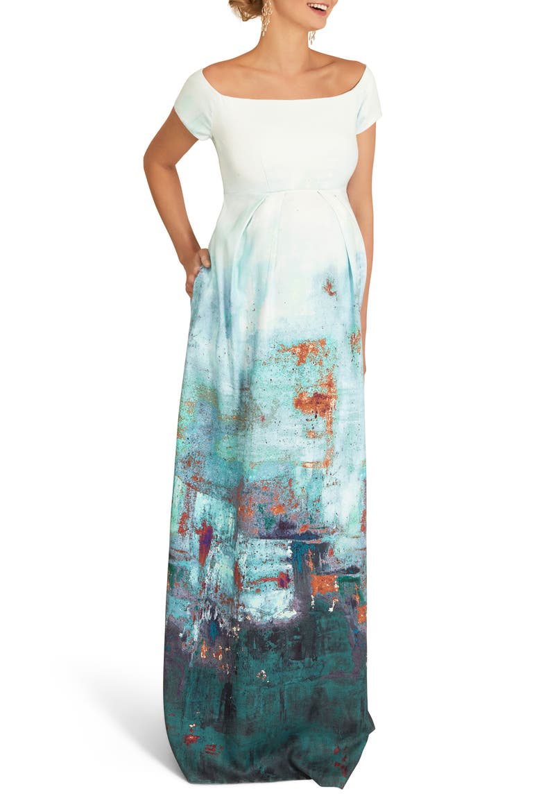 Aria Off the Shoulder Metallic Maternity Gown, Main, color, GREEN