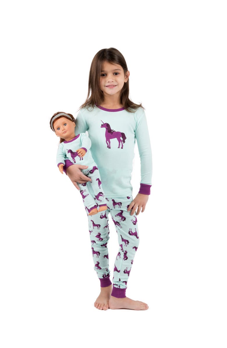 Leveret Girls 2-pc. Cotton Pajamas with Matching Doll Accessory - Unicorn & Fantasy Prints, Alternate, color, Unicorn Purple